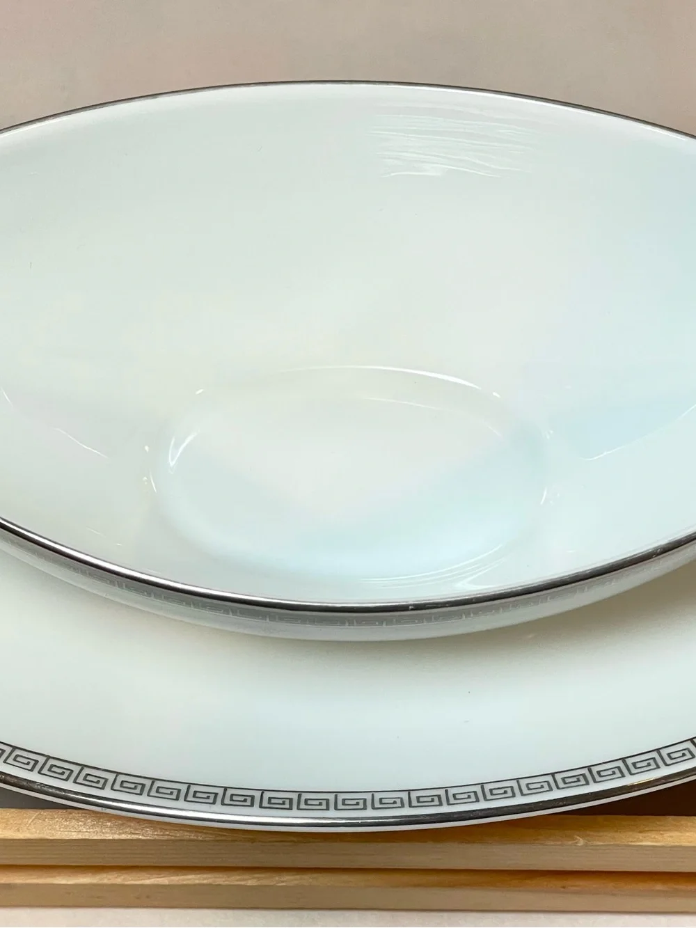 Noritake “Silver Key” White Ceramic Gravy Boat w Greek Key Border Silver Edging